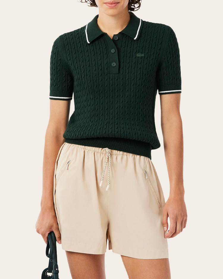 סוודר סרוג נשים צמות ופסים עם צווארון פולו LACOSTE